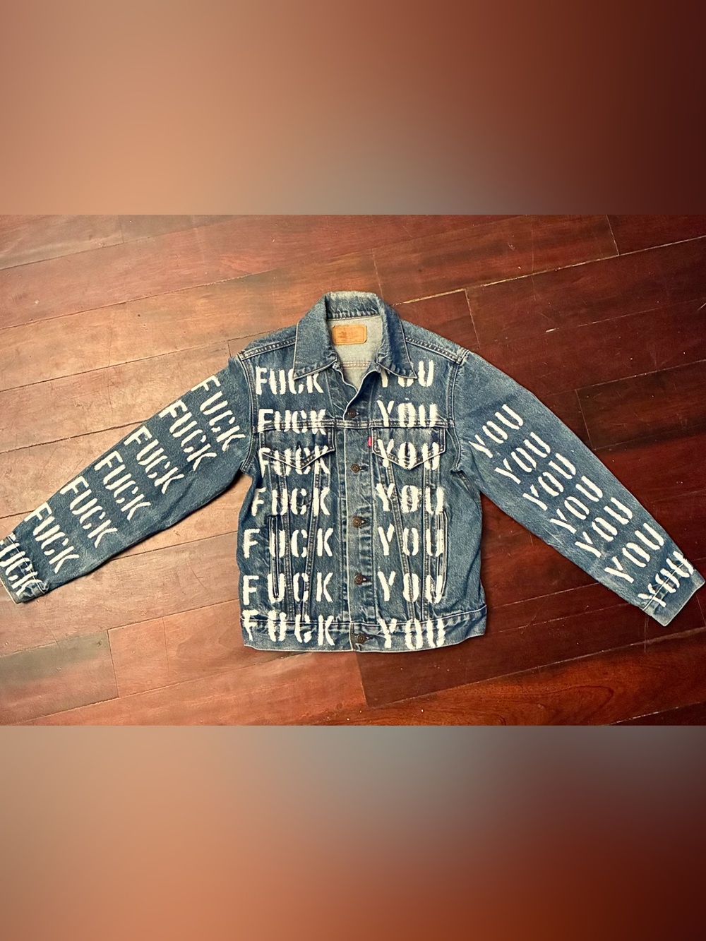 Levi's vintage Blue Denim Jacket with White Stenciled Text size 38-36 reg